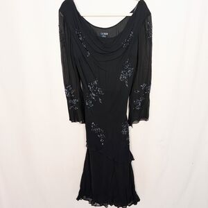 Vintage 90 Y2K Eva Blue 8 Midi  Dress Cowl Beaded Long Sleeves Whimsigoth Sexy